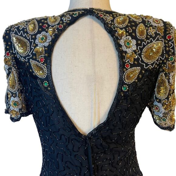 Laurence Kazar Vintage 80s Heavily Beaded Silk Cocktail Dress MP - Picture 8 of 16